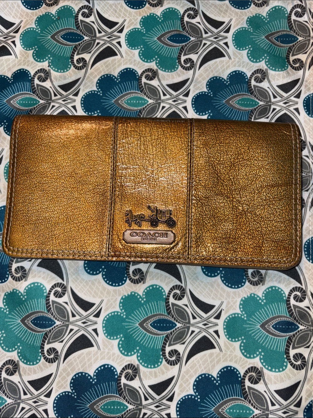Coach Metallic Bronze Leather Long Wallet with Carriage Logo